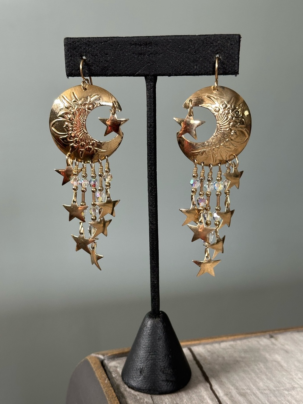 Tabra Signed 14K Gold Filled Celestial  Star & Moon Beaded Crystal Earrings Y2K